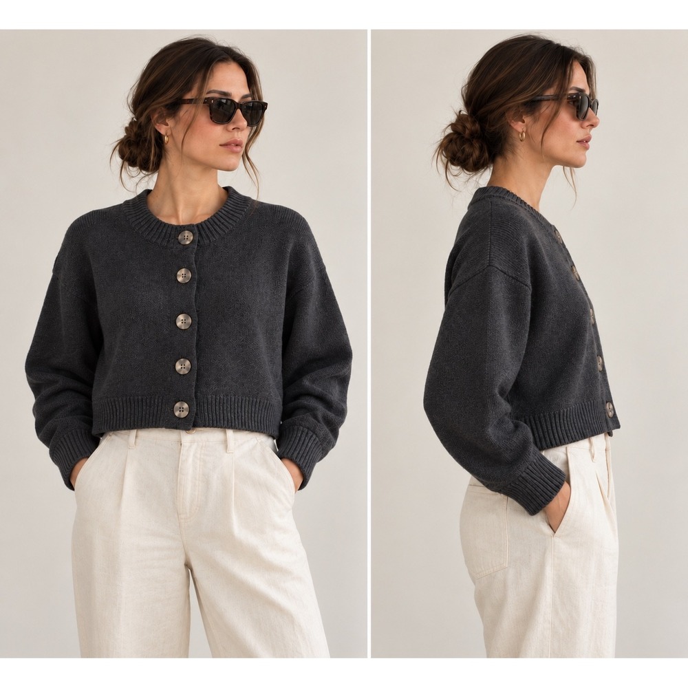 Quince Organic Cotton Cropped Cardigan Sweater Charcoal Grey Medium Minimalist